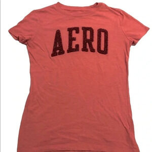Aeropostale Coral/Burgundy Glitter Letters Graphic Tee- Sz M